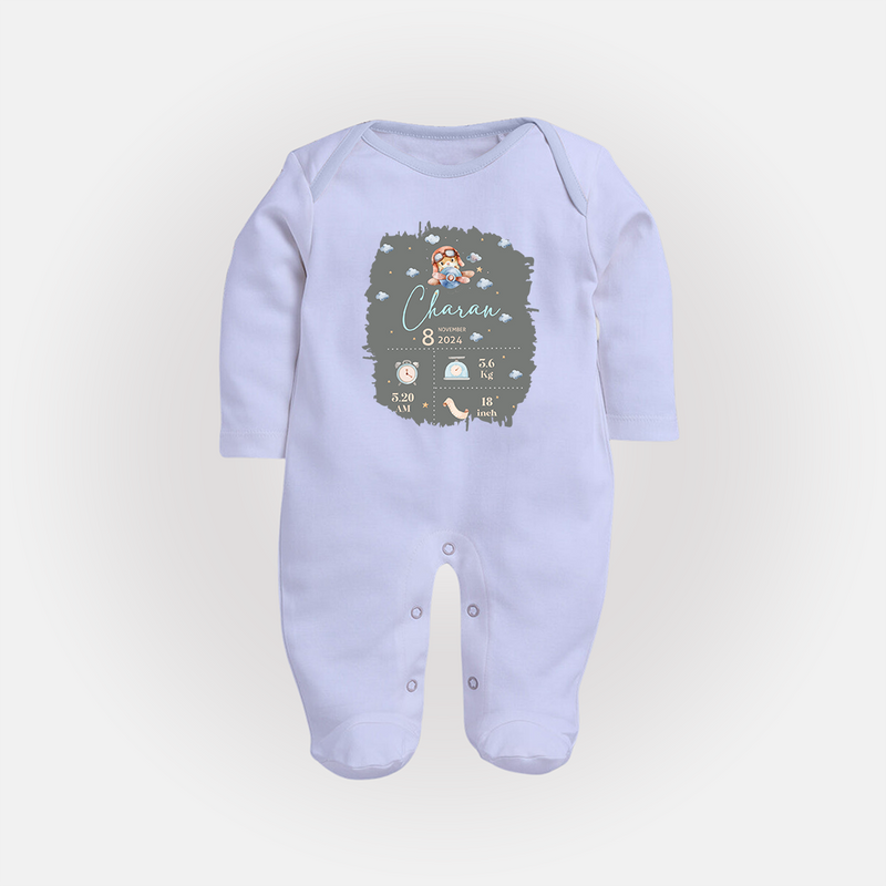 Birthday Milestone Sleep Suit/Full sleeve body suit | Custom Sleep Suit/Full sleeve body suit with Birth Date, Time, and Weight - BABY BLUE - New Born (Chest 7.5")