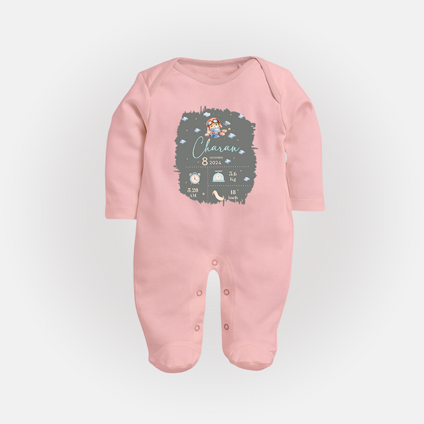 Birthday Milestone Sleep Suit/Full sleeve body suit | Custom Sleep Suit/Full sleeve body suit with Birth Date, Time, and Weight - BABY PINK - New Born (Chest 7.5")