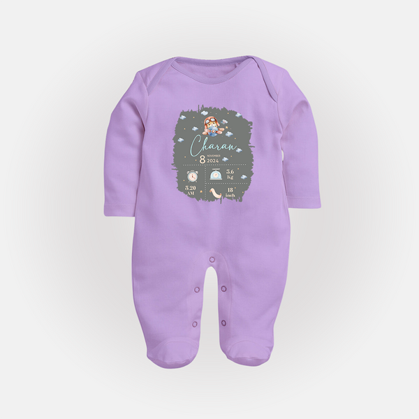 Birthday Milestone Sleep Suit/Full sleeve body suit | Custom Sleep Suit/Full sleeve body suit with Birth Date, Time, and Weight - LILAC - New Born (Chest 7.5")