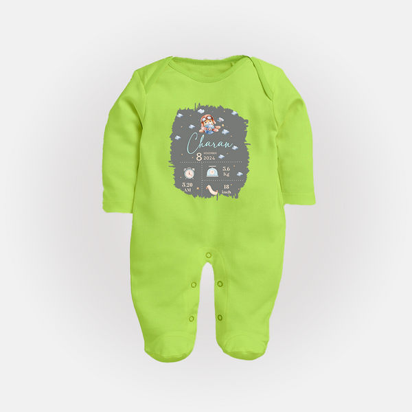 Birthday Milestone Sleep Suit/Full sleeve body suit | Custom Sleep Suit/Full sleeve body suit with Birth Date, Time, and Weight - LIME GREEN - New Born (Chest 7.5")