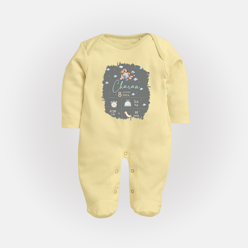 Birthday Milestone Sleep Suit/Full sleeve body suit | Custom Sleep Suit/Full sleeve body suit with Birth Date, Time, and Weight - PASTEL YELLOW - New Born (Chest 7.5")