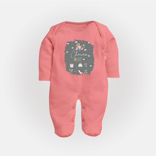 Birthday Milestone Sleep Suit/Full sleeve body suit | Custom Sleep Suit/Full sleeve body suit with Birth Date, Time, and Weight - PEACH - New Born (Chest 7.5")
