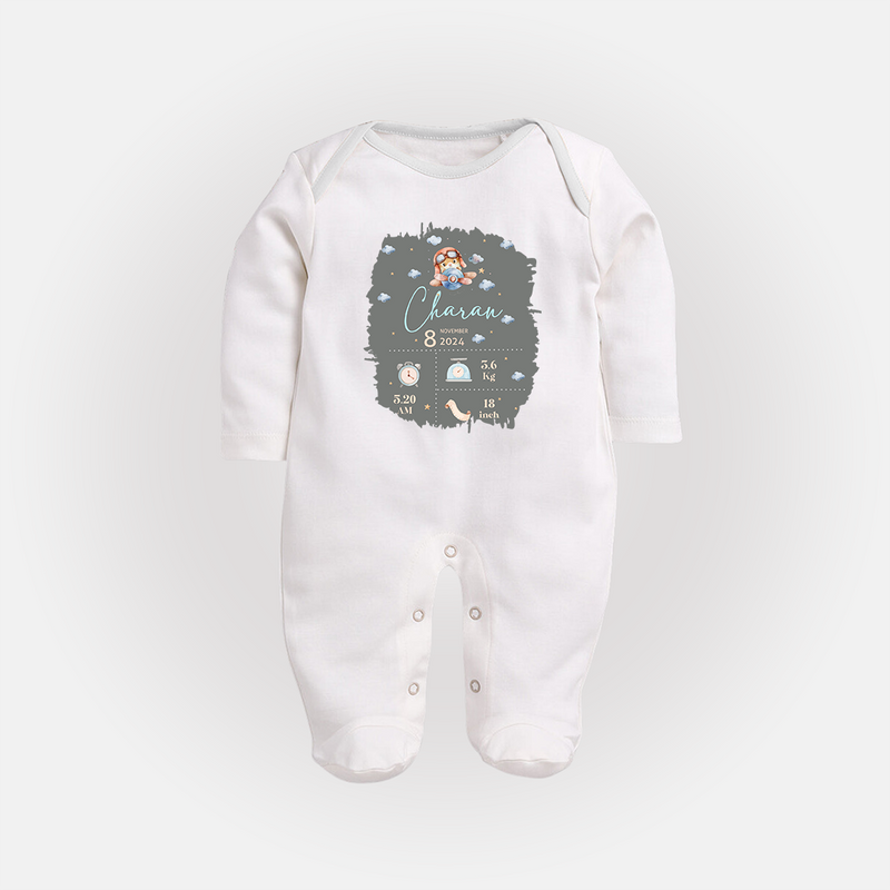Birthday Milestone Sleep Suit/Full sleeve body suit | Custom Sleep Suit/Full sleeve body suit with Birth Date, Time, and Weight - WHITE - New Born (Chest 7.5")