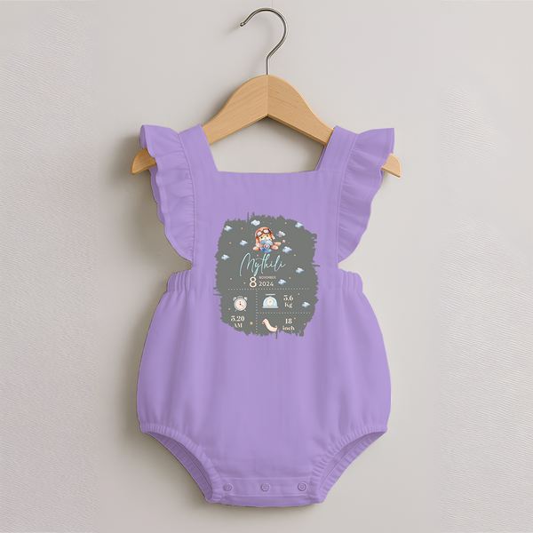 Birthday Milestone Romper Frock | Custom Romper Frock with Birth Date, Time, and Weight - LILAC - 0 - 3 Months Old (Chest 19")