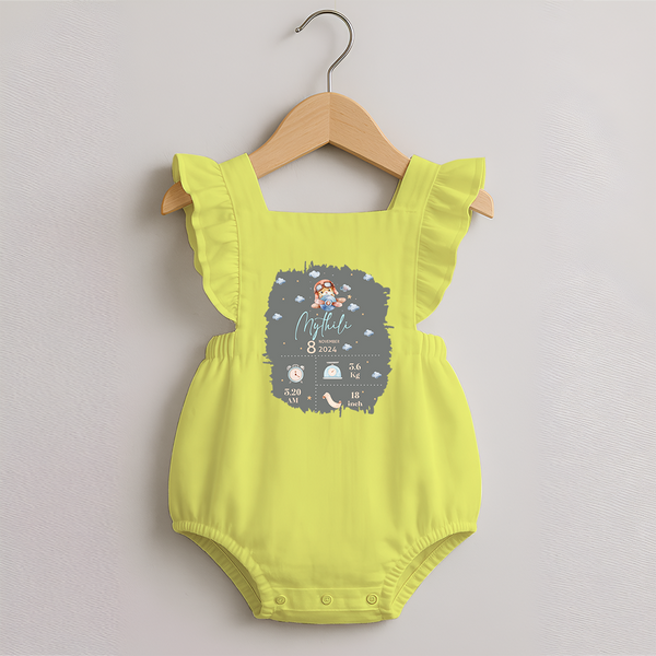 Birthday Milestone Romper Frock | Custom Romper Frock with Birth Date, Time, and Weight - PASTEL YELLOW - 0 - 3 Months Old (Chest 19")