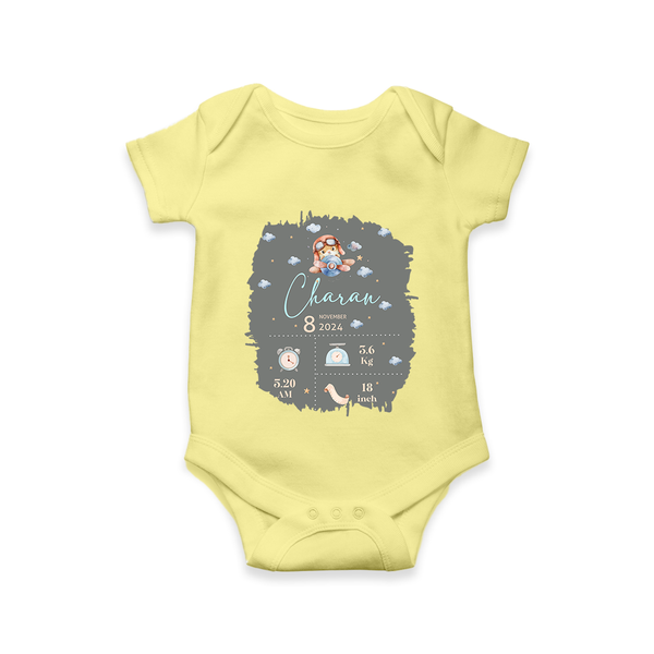 Birthday Milestone Romper | Custom Romper with Birth Date, Time, and Weight - PASTEL YELLOW - New Born (Chest 14")