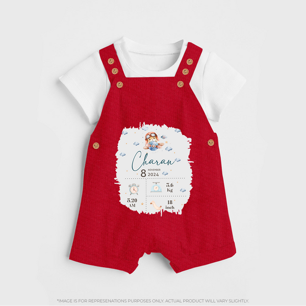 Birthday Milestone Dungaree Set | Custom Dungaree Set with Birth Date, Time, and Weight - RED - 0 - 5 Months Old (Chest 18")
