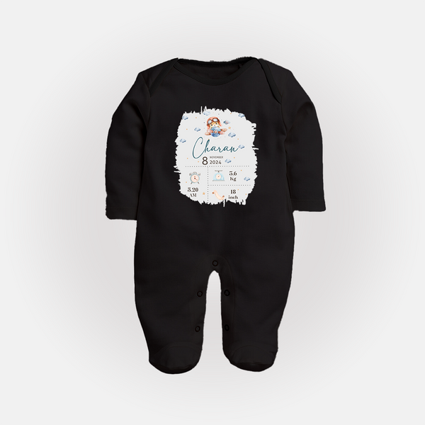 Birthday Milestone Sleep Suit/Full sleeve body suit | Custom Sleep Suit/Full sleeve body suit with Birth Date, Time, and Weight - BLACK - New Born (Chest 7.5")