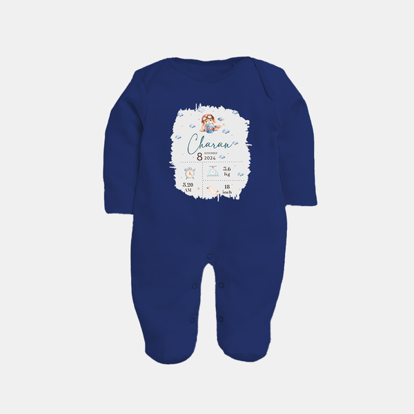 Birthday Milestone Sleep Suit/Full sleeve body suit | Custom Sleep Suit/Full sleeve body suit with Birth Date, Time, and Weight - NAVY BLUE - New Born (Chest 7.5")