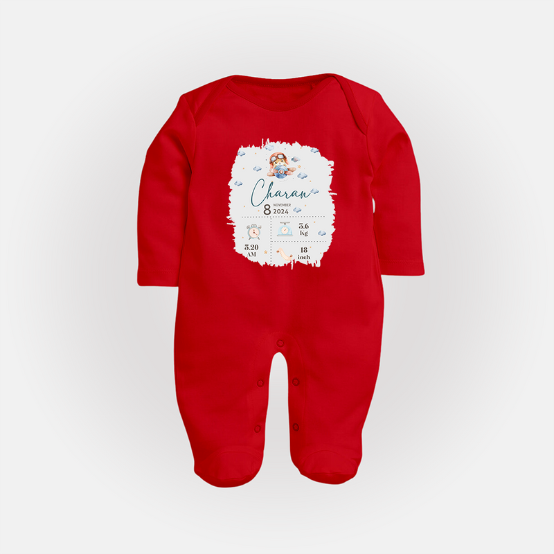 Birthday Milestone Sleep Suit/Full sleeve body suit | Custom Sleep Suit/Full sleeve body suit with Birth Date, Time, and Weight - RED - New Born (Chest 7.5")