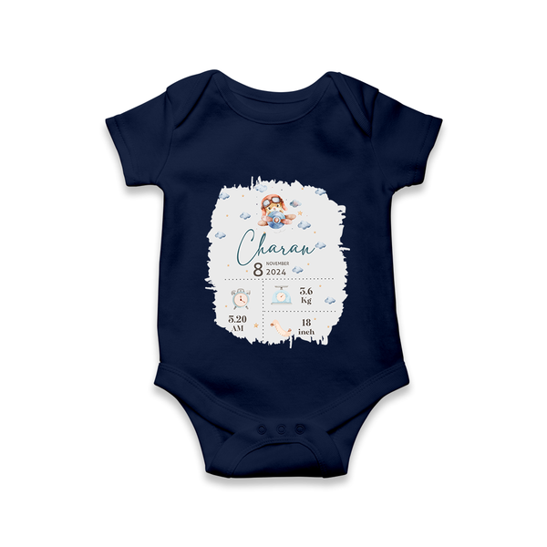 Birthday Milestone Romper | Custom Romper with Birth Date, Time, and Weight - NAVY BLUE - New Born (Chest 14")