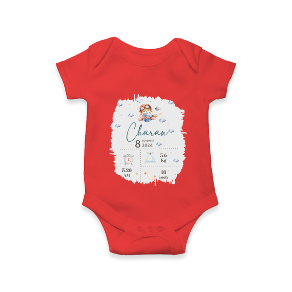 Birthday Milestone Romper | Custom Romper with Birth Date, Time, and Weight - RED - New Born (Chest 14")