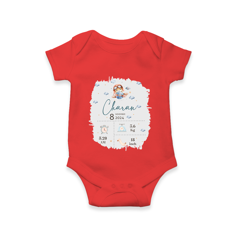 Birthday Milestone Romper | Custom Romper with Birth Date, Time, and Weight - RED - New Born (Chest 14")
