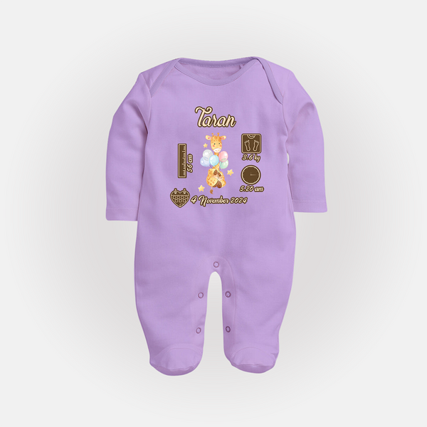 Personalized Birthday Stats Baby Sleep Suit/Full sleeve body suit | Custom Sleep Suit/Full sleeve body suit for Baby's First Birthday - LILAC - New Born (Chest 7.5")