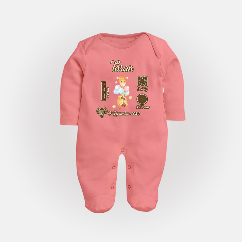 Personalized Birthday Stats Baby Sleep Suit/Full sleeve body suit | Custom Sleep Suit/Full sleeve body suit for Baby's First Birthday - PEACH - New Born (Chest 7.5")