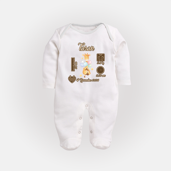 Personalized Birthday Stats Baby Sleep Suit/Full sleeve body suit | Custom Sleep Suit/Full sleeve body suit for Baby's First Birthday - WHITE - New Born (Chest 7.5")