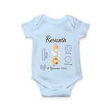 "Forever Precious - Customized Romper With Baby Name, Weight, And Birth Details" - BABY BLUE - 0 - 3 Months Old (Chest 16")