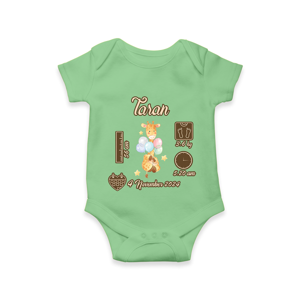 Personalized Birthday Stats Baby Romper | Custom Romper for Baby's First Birthday - GREEN - New Born (Chest 14")