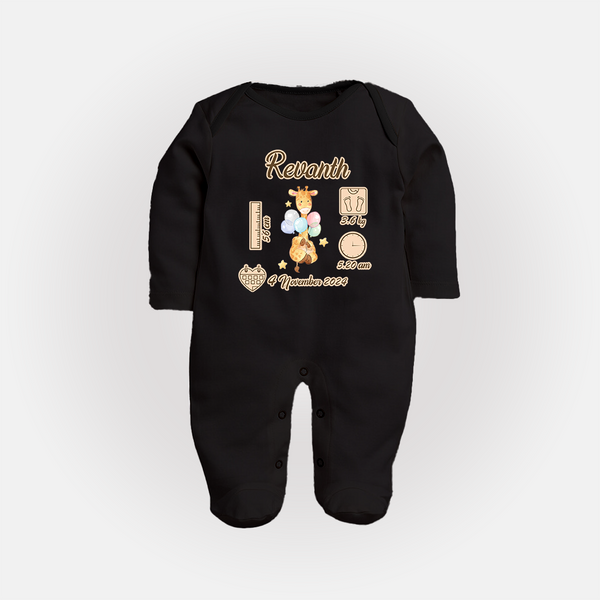 Personalized Birthday Stats Baby Sleep Suit/Full sleeve body suit | Custom Sleep Suit/Full sleeve body suit for Baby's First Birthday - BLACK - New Born (Chest 7.5")