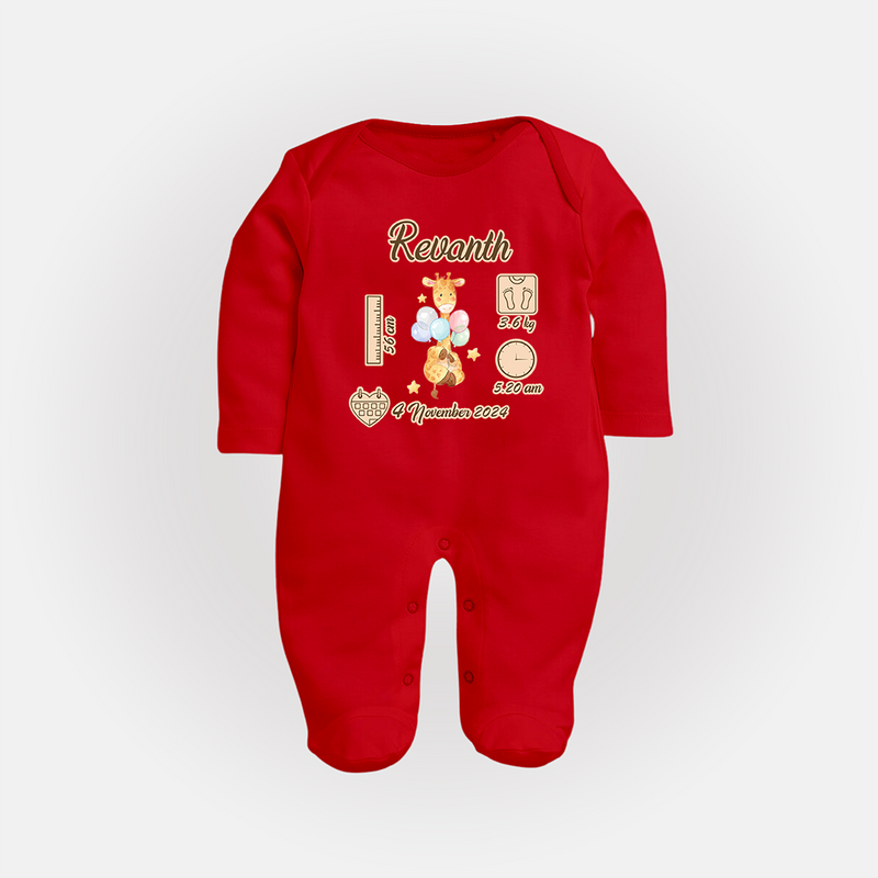 Personalized Birthday Stats Baby Sleep Suit/Full sleeve body suit | Custom Sleep Suit/Full sleeve body suit for Baby's First Birthday - RED - New Born (Chest 7.5")