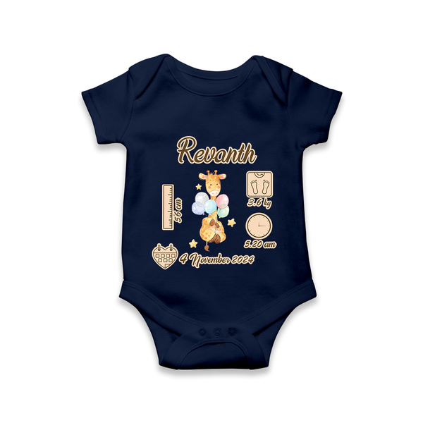 Personalized Birthday Stats Baby Romper | Custom Romper for Baby's First Birthday - NAVY BLUE - New Born (Chest 14")