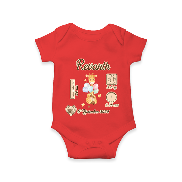Personalized Birthday Stats Baby Romper | Custom Romper for Baby's First Birthday - RED - New Born (Chest 14")