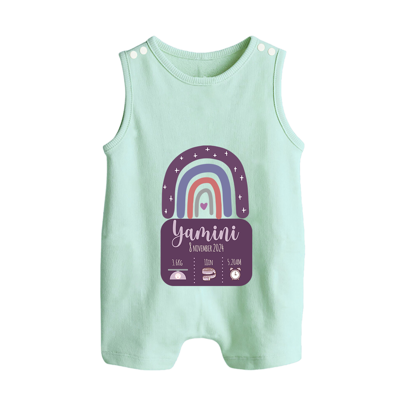 Custom Birthday Stat Romper Suit/Sleeveless Romper | Personalized Romper Suit/Sleeveless Romper with Baby's Birth Date and Weight - MINT GREEN - 0 - 5 Months Old (Chest 18")