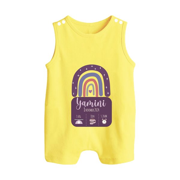 Custom Birthday Stat Romper Suit/Sleeveless Romper | Personalized Romper Suit/Sleeveless Romper with Baby's Birth Date and Weight - PASTEL YELLOW - 0 - 5 Months Old (Chest 18")