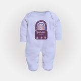 Custom Birthday Stat Sleep Suit/Full sleeve body suit | Personalized Sleep Suit/Full sleeve body suit with Baby's Birth Date and Weight - BABY BLUE - New Born (Chest 7.5")