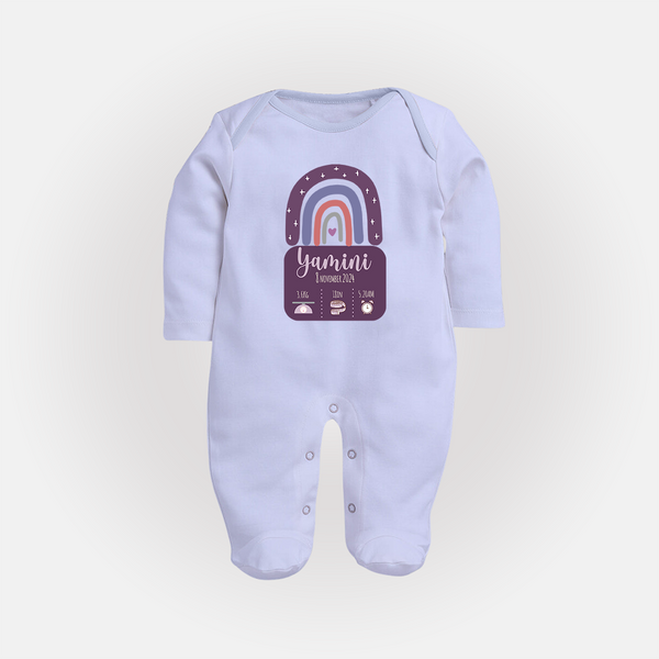 Custom Birthday Stat Sleep Suit/Full sleeve body suit | Personalized Sleep Suit/Full sleeve body suit with Baby's Birth Date and Weight - BABY BLUE - New Born (Chest 7.5")