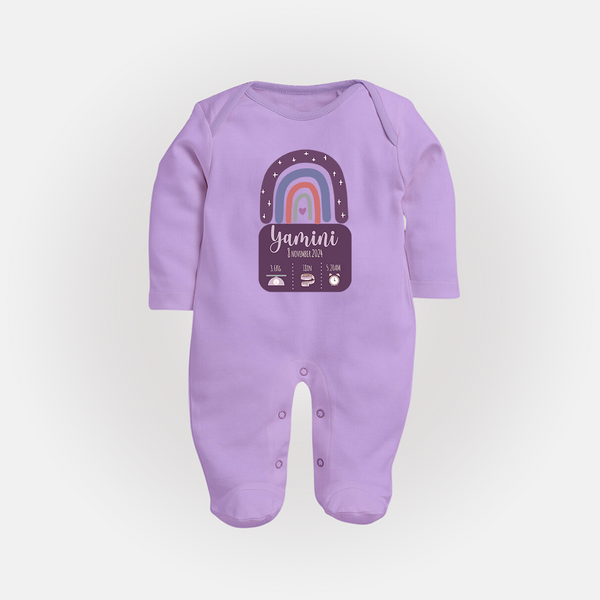 Custom Birthday Stat Sleep Suit/Full sleeve body suit | Personalized Sleep Suit/Full sleeve body suit with Baby's Birth Date and Weight - LILAC - New Born (Chest 7.5")