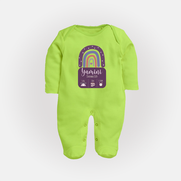 Custom Birthday Stat Sleep Suit/Full sleeve body suit | Personalized Sleep Suit/Full sleeve body suit with Baby's Birth Date and Weight - LIME GREEN - New Born (Chest 7.5")