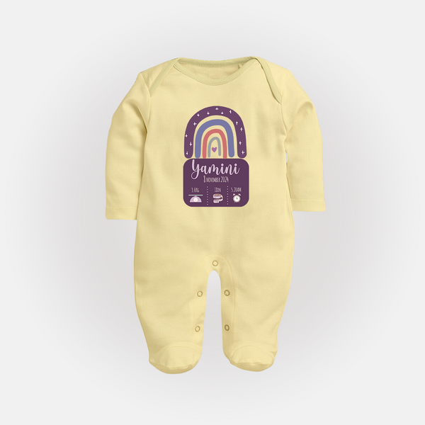 Custom Birthday Stat Sleep Suit/Full sleeve body suit | Personalized Sleep Suit/Full sleeve body suit with Baby's Birth Date and Weight - PASTEL YELLOW - New Born (Chest 7.5")
