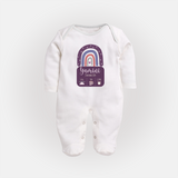 Custom Birthday Stat Sleep Suit/Full sleeve body suit | Personalized Sleep Suit/Full sleeve body suit with Baby's Birth Date and Weight - WHITE - New Born (Chest 7.5")