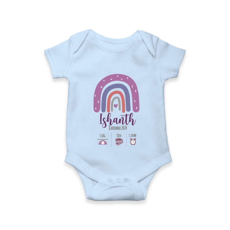 "Adorable Arrival - Customized Romper With Baby Name, Weight, And Birth Details" - BABY BLUE - 0 - 3 Months Old (Chest 16")