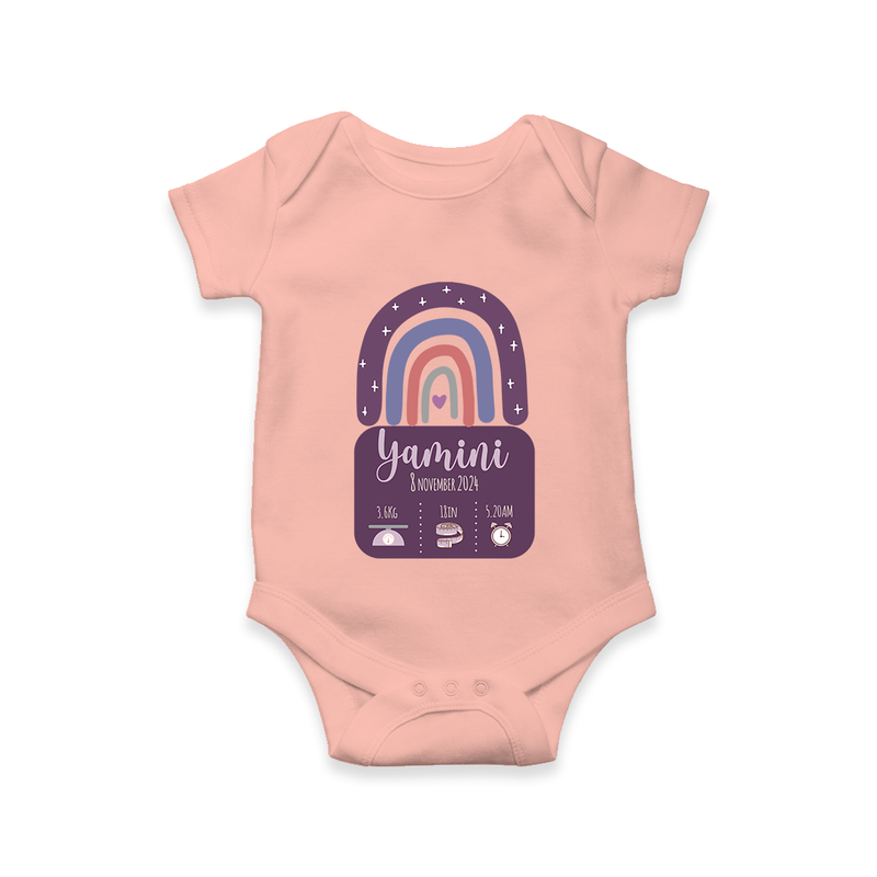 Custom Birthday Stat Romper | Personalized Romper with Baby's Birth Date and Weight - PEACH - New Born (Chest 14")