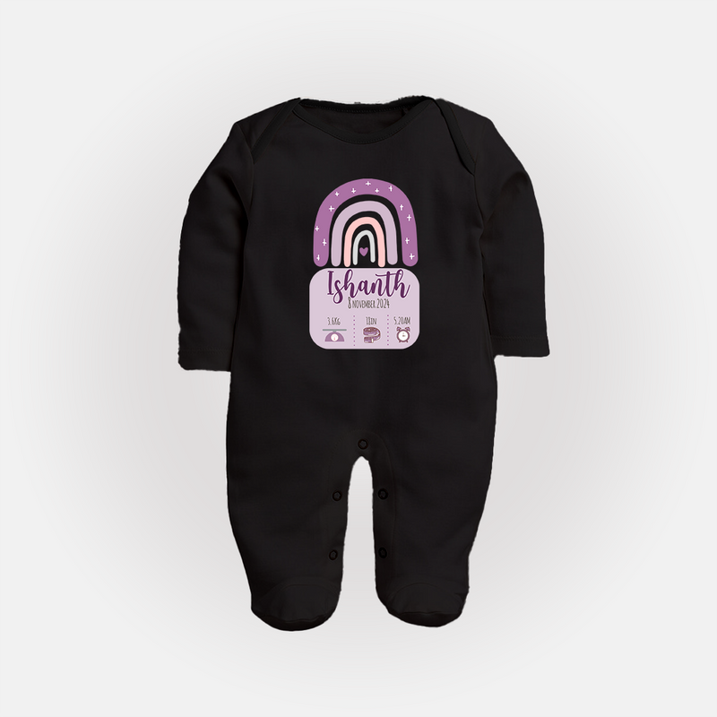 Custom Birthday Stat Sleep Suit/Full sleeve body suit | Personalized Sleep Suit/Full sleeve body suit with Baby's Birth Date and Weight - BLACK - New Born (Chest 7.5")