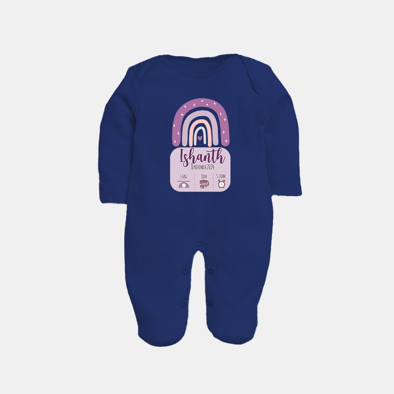 Custom Birthday Stat Sleep Suit/Full sleeve body suit | Personalized Sleep Suit/Full sleeve body suit with Baby's Birth Date and Weight - NAVY BLUE - New Born (Chest 7.5")