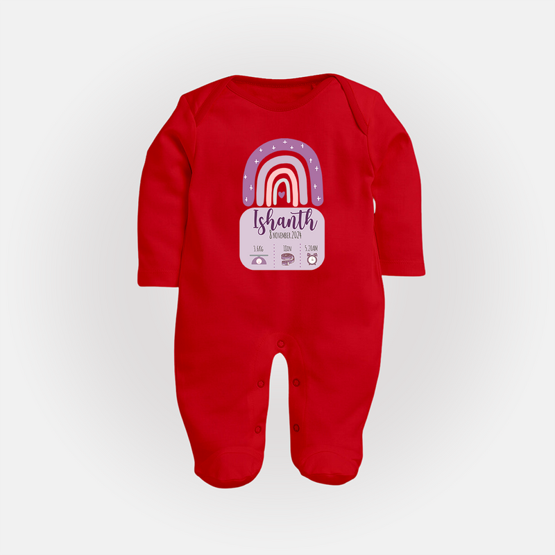 Custom Birthday Stat Sleep Suit/Full sleeve body suit | Personalized Sleep Suit/Full sleeve body suit with Baby's Birth Date and Weight - RED - New Born (Chest 7.5")