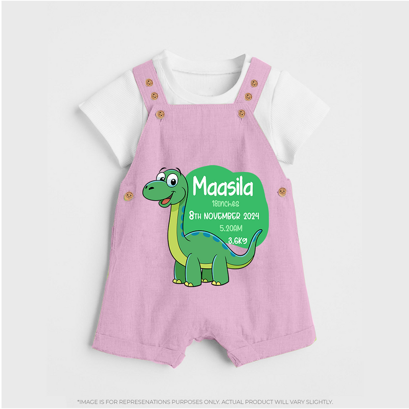 Milestone Birth Stats Dungaree Set | Personalized Dungaree Set for Baby's Special Day - BABY PINK - 0 - 5 Months Old (Chest 18")