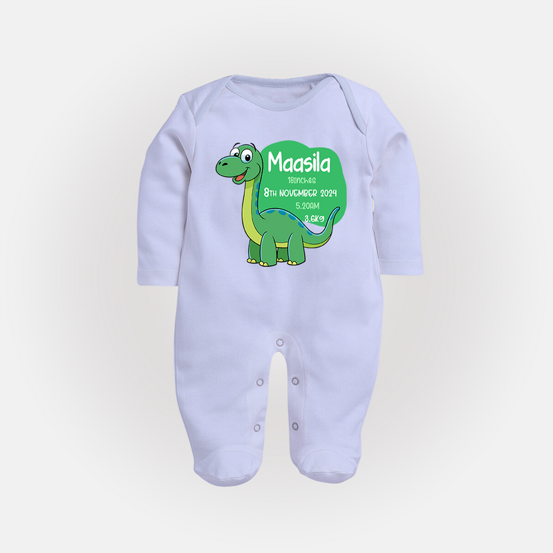 Milestone Birth Stats Sleep Suit/Full sleeve body suit | Personalized Sleep Suit/Full sleeve body suit for Baby's Special Day - BABY BLUE - New Born (Chest 7.5")