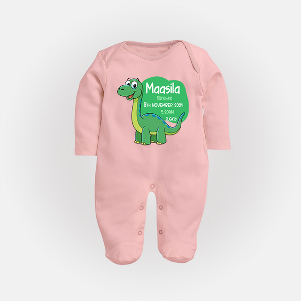 Milestone Birth Stats Sleep Suit/Full sleeve body suit | Personalized Sleep Suit/Full sleeve body suit for Baby's Special Day - BABY PINK - New Born (Chest 7.5")