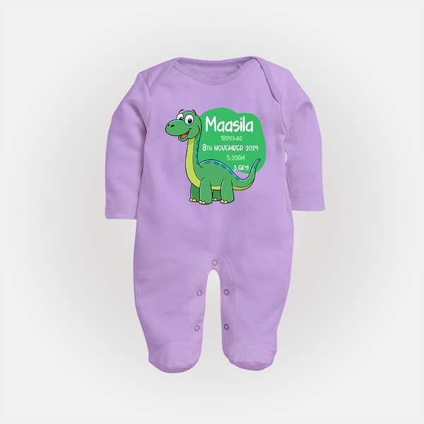 Milestone Birth Stats Sleep Suit/Full sleeve body suit | Personalized Sleep Suit/Full sleeve body suit for Baby's Special Day - LILAC - New Born (Chest 7.5")