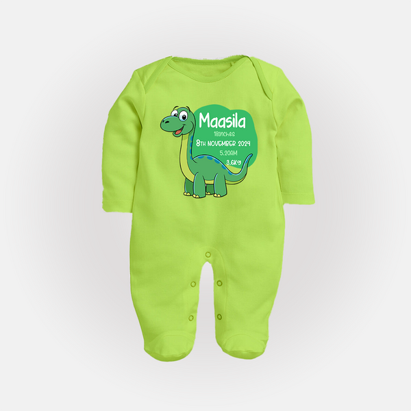 Milestone Birth Stats Sleep Suit/Full sleeve body suit | Personalized Sleep Suit/Full sleeve body suit for Baby's Special Day - LIME GREEN - New Born (Chest 7.5")