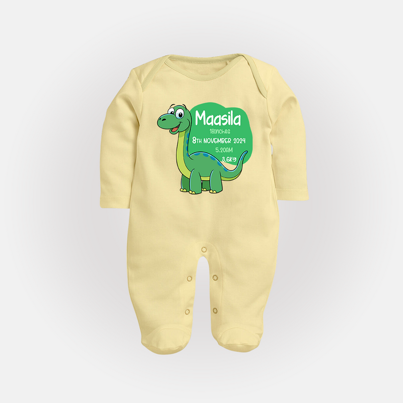 Milestone Birth Stats Sleep Suit/Full sleeve body suit | Personalized Sleep Suit/Full sleeve body suit for Baby's Special Day - PASTEL YELLOW - New Born (Chest 7.5")