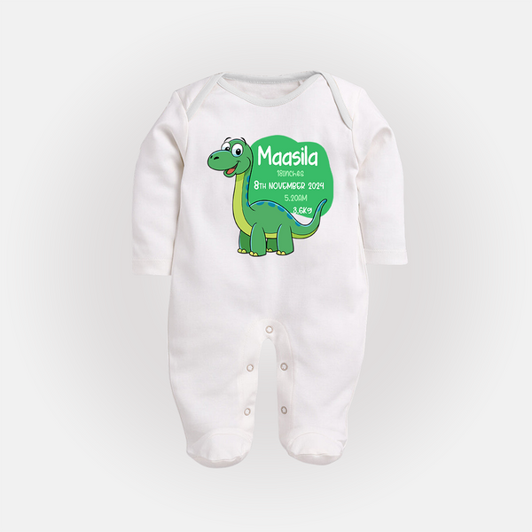 Milestone Birth Stats Sleep Suit/Full sleeve body suit | Personalized Sleep Suit/Full sleeve body suit for Baby's Special Day - WHITE - New Born (Chest 7.5")