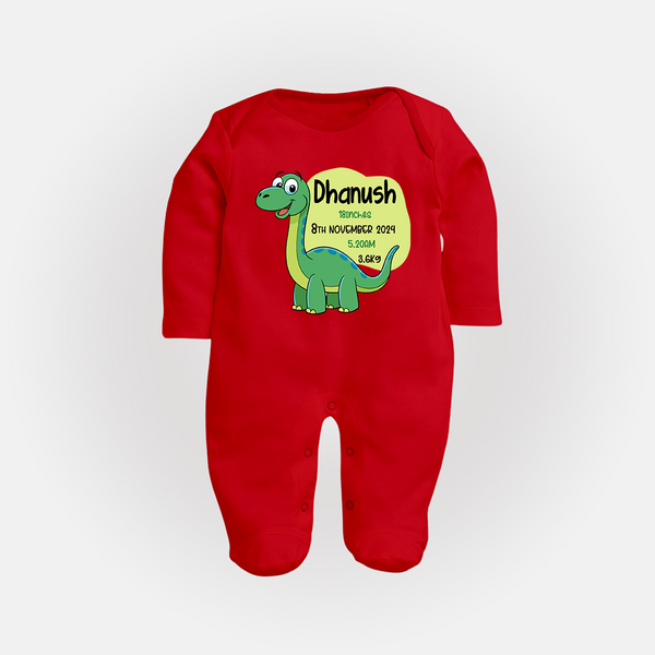 Milestone Birth Stats Sleep Suit/Full sleeve body suit | Personalized Sleep Suit/Full sleeve body suit for Baby's Special Day - RED - New Born (Chest 7.5")