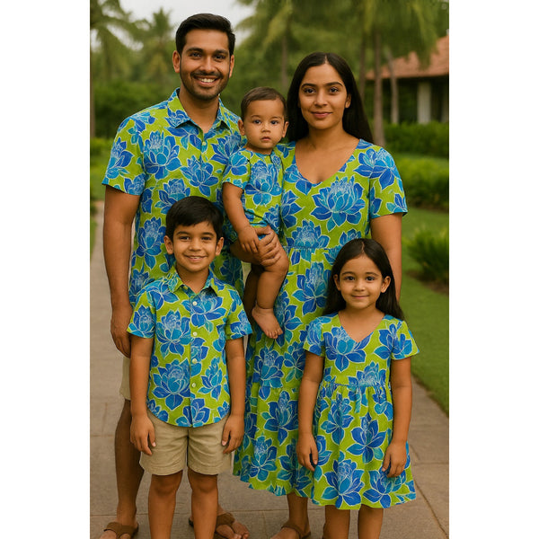 "Blue Lotus Bloom Family Outfit Set – coordinated lotus floral outfits for dad, mom, boy, girl, and baby"
