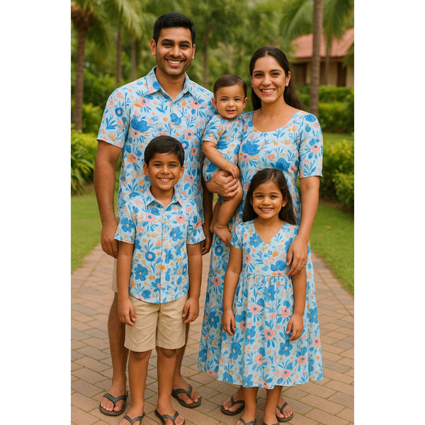 "Blue Meadow Family Outfit Set – coordinated blue floral outfits for dad, mom, boy, girl, and baby"