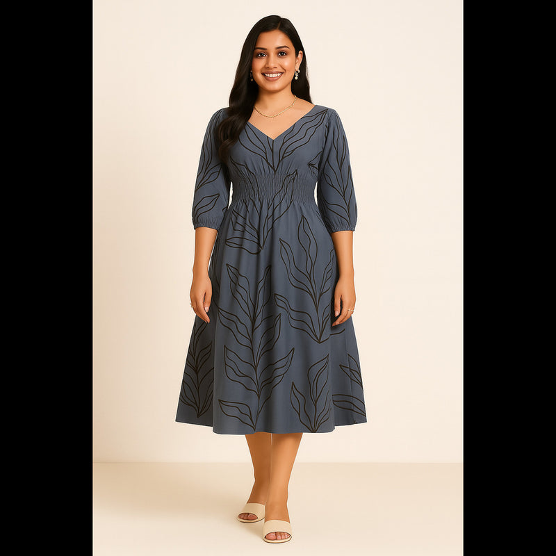 Woman wearing slate blue midi dress with leaf motifs and smocked waist, featuring 3/4 sleeves